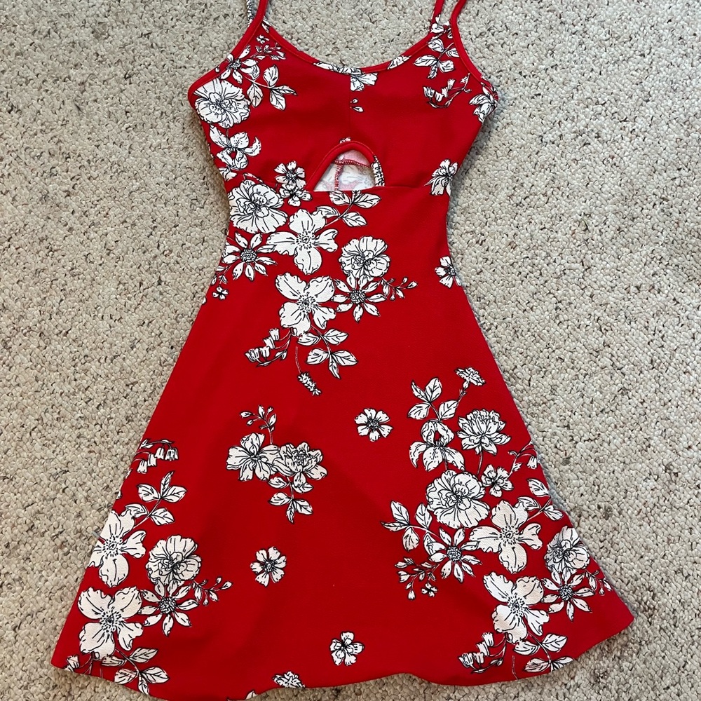 Red floral dress with cutout on front